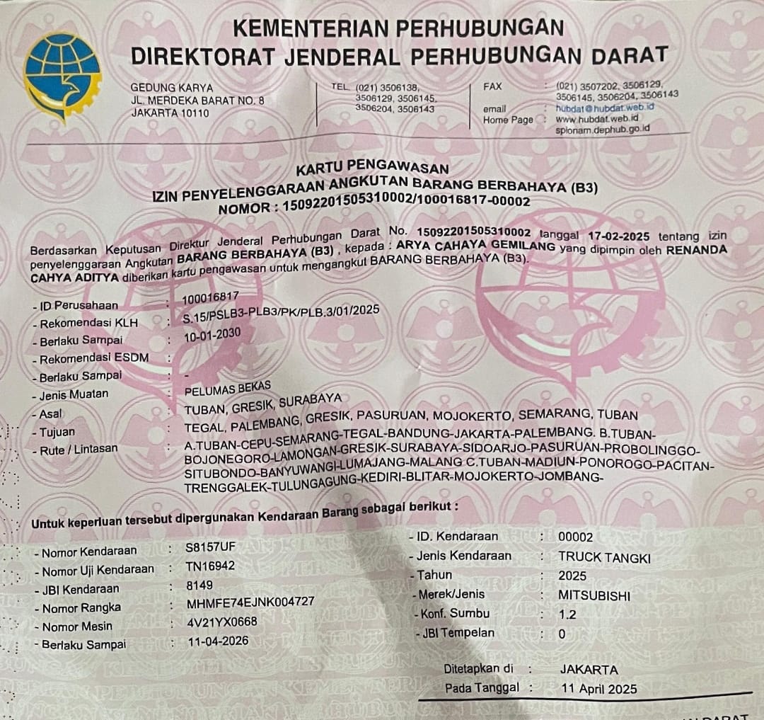 Kartu Pengawasan Izin Penyelenggaraan Angkutan Barang Berbahaya